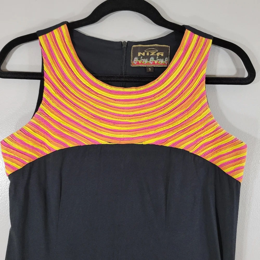 Vintage NIZA black cotton geometric shape sleeveless sheath dress - Picture 5 of 13